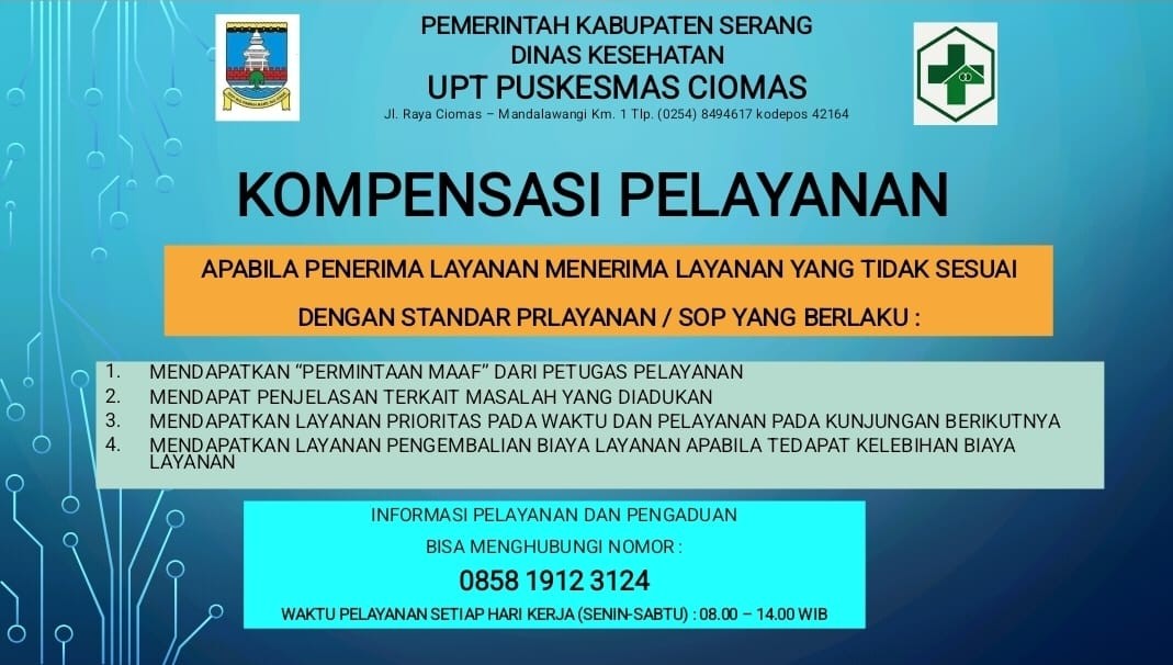 Apabila anda menerima pelayanan yang tidak sesuai standar pelayanan / SOP yang berlaku di UPT Puskesmas Ciomas. Silahkan menghubungi nomor 0858-1912-3124
